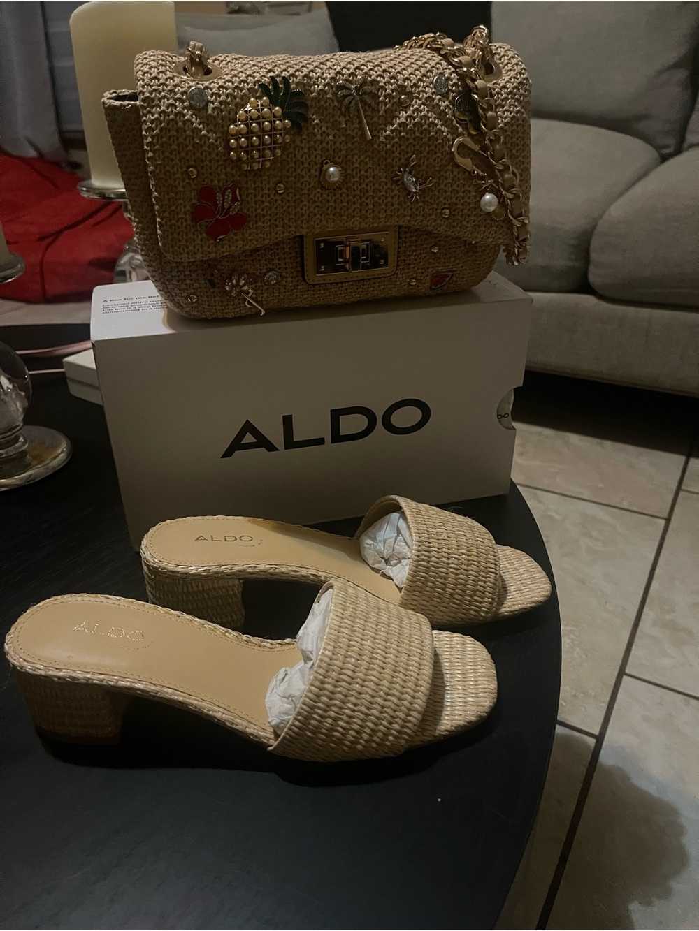 ALDO Tan Woven Block Heel Slide Sandals and Matching Shoulder/Crossbody Bag.